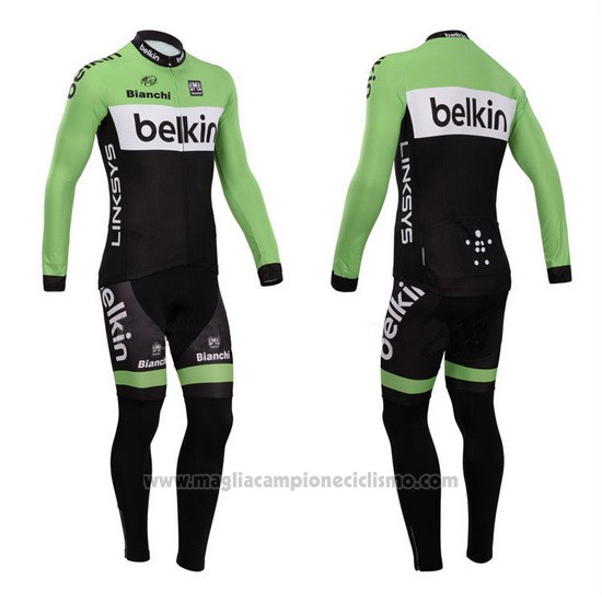2014 Abbigliamento Ciclismo Belkin Verde e Nero Manica Lunga e Salopette